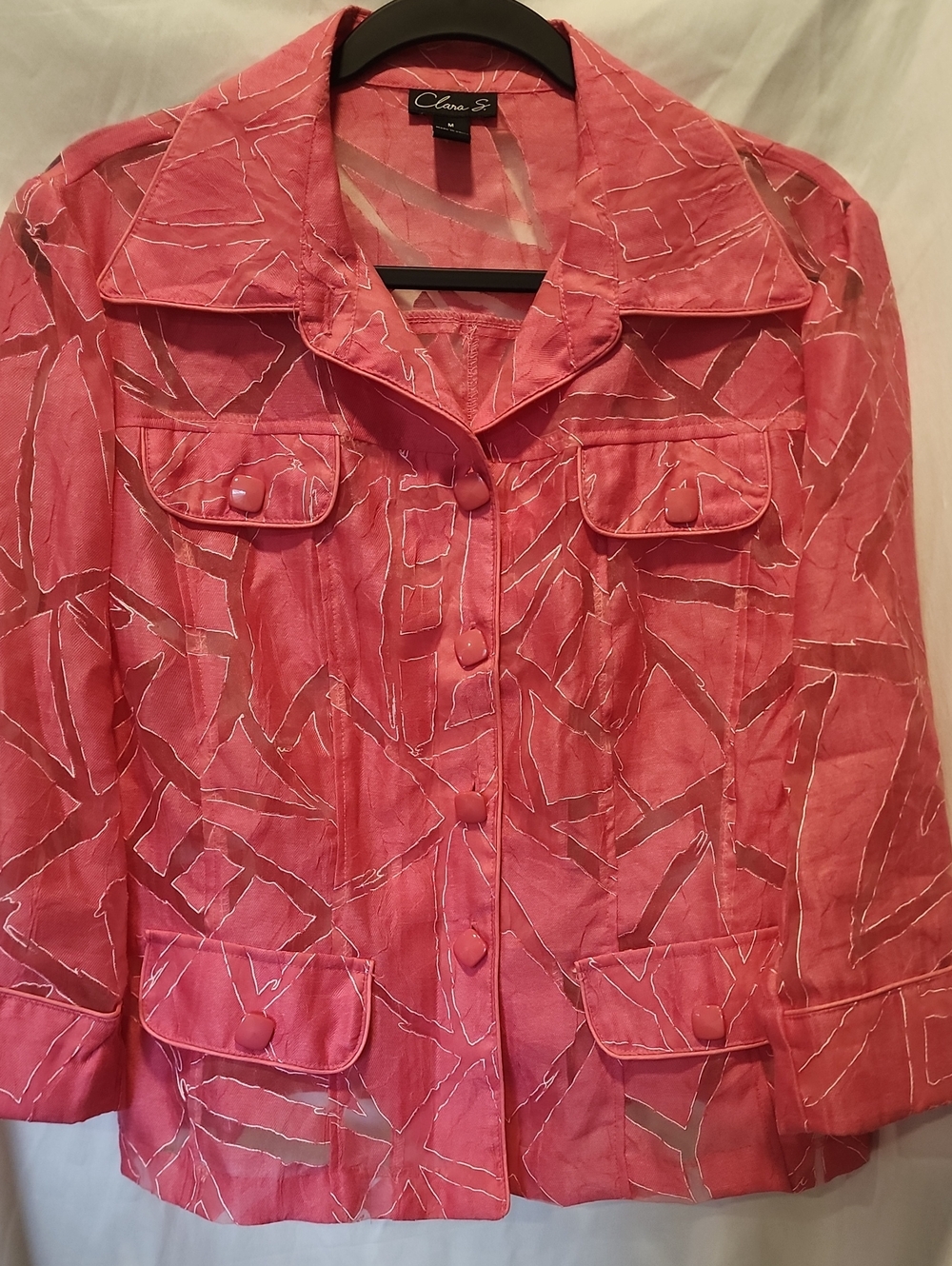 Clara S Women's Pink Burnout Button-Front Jacket W/ Cuffed Sleeves Patch Pockets